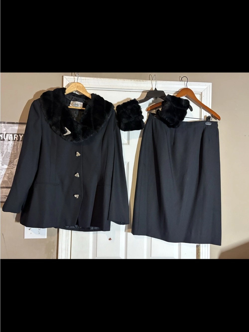 St. Anthony Evening Black Pencil Skirt with Fur-Trim Accents